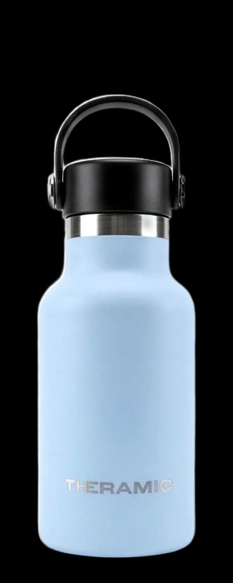 Botella Theramic de 350 ml en acabado Celeste, de frente y con el tapón puesto