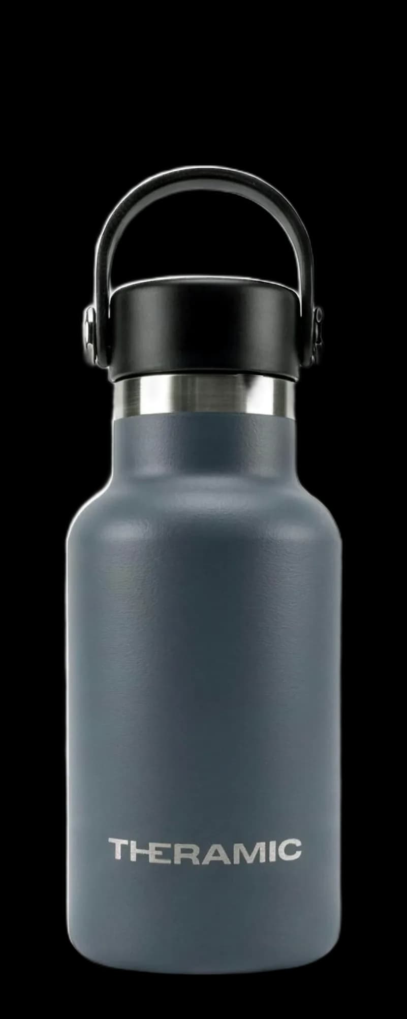 Botella Theramic de 350 ml en acabado Grafito, de frente y con el tapón puesto