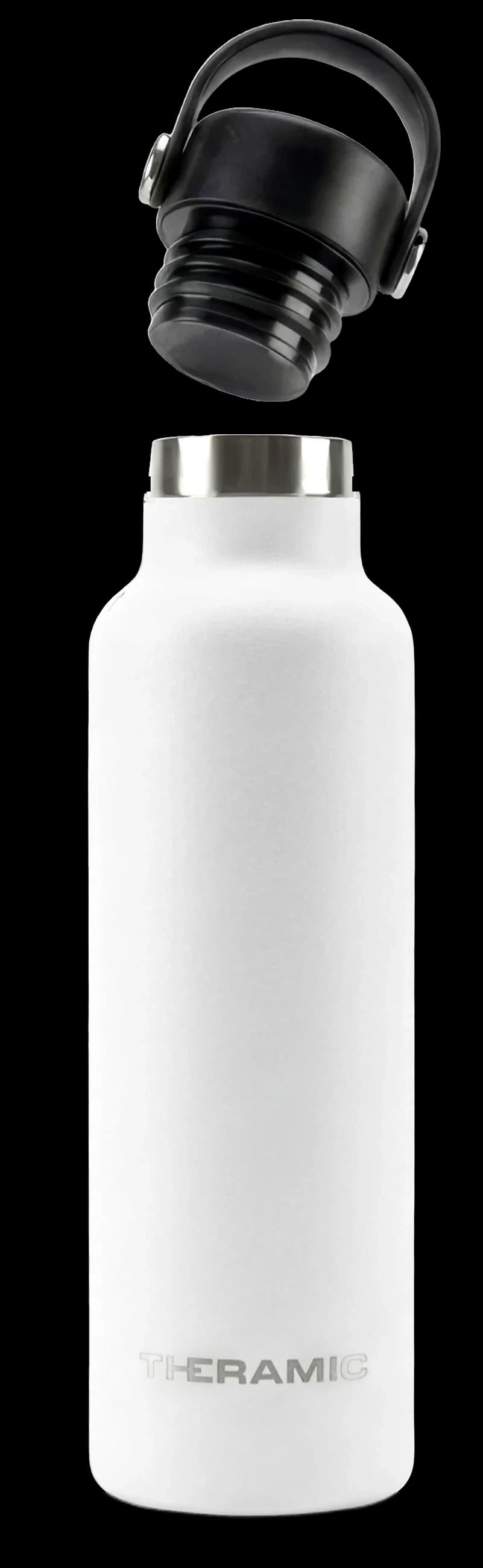 Botella Theramic en acabado Blanco Roto con el tapón hermético levantado, a la vista el collarín de acero