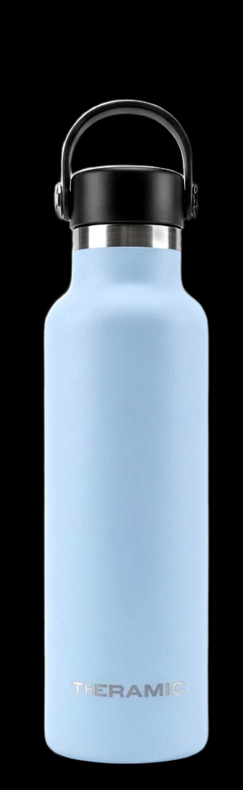 Botella Theramic en acabado Celeste, de frente y con el tapón puesto