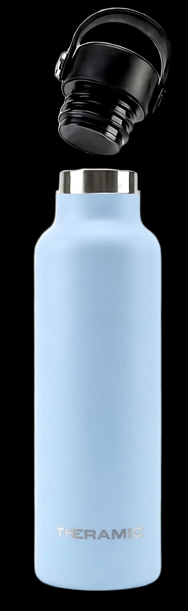 Botella Theramic en acabado Celeste con el tapón hermético levantado, a la vista el collarín de acero