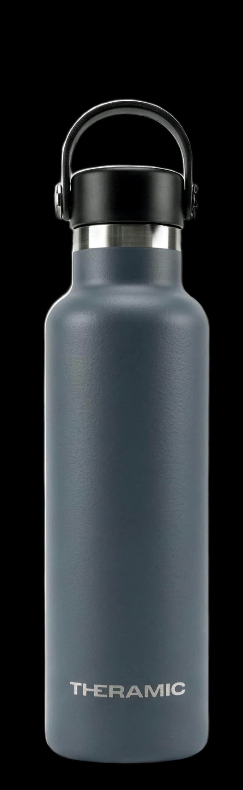 Botella Theramic en acabado Grafito, de frente y con el tapón puesto