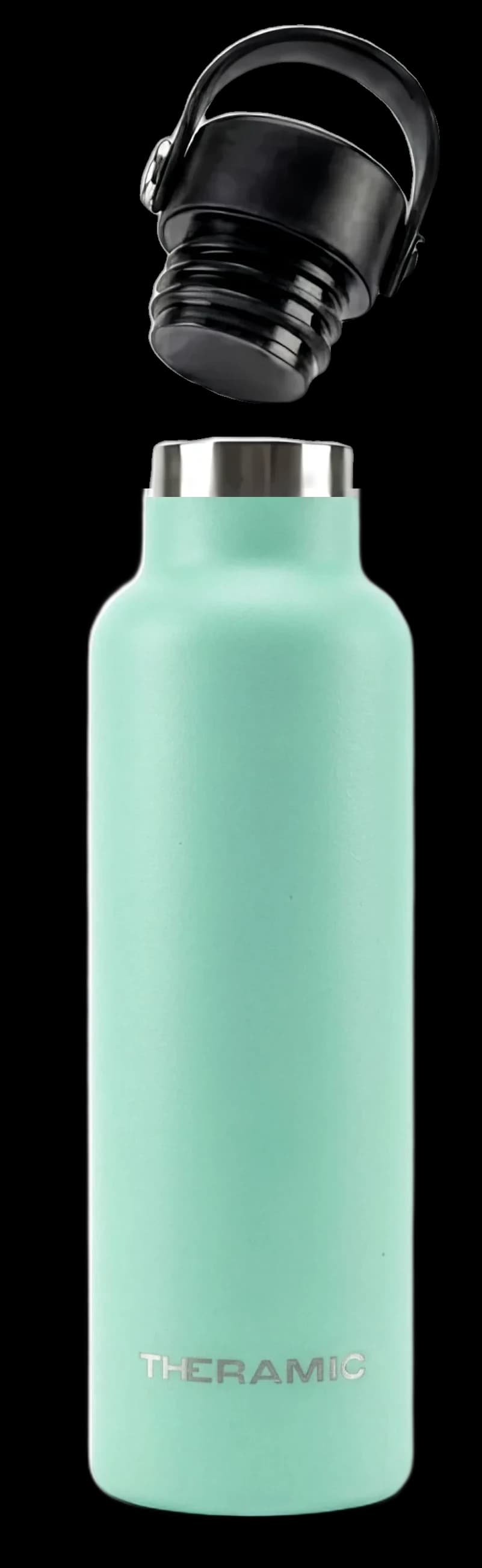 Botella Theramic en acabado Menta con el tapón hermético levantado, a la vista el collarín de acero