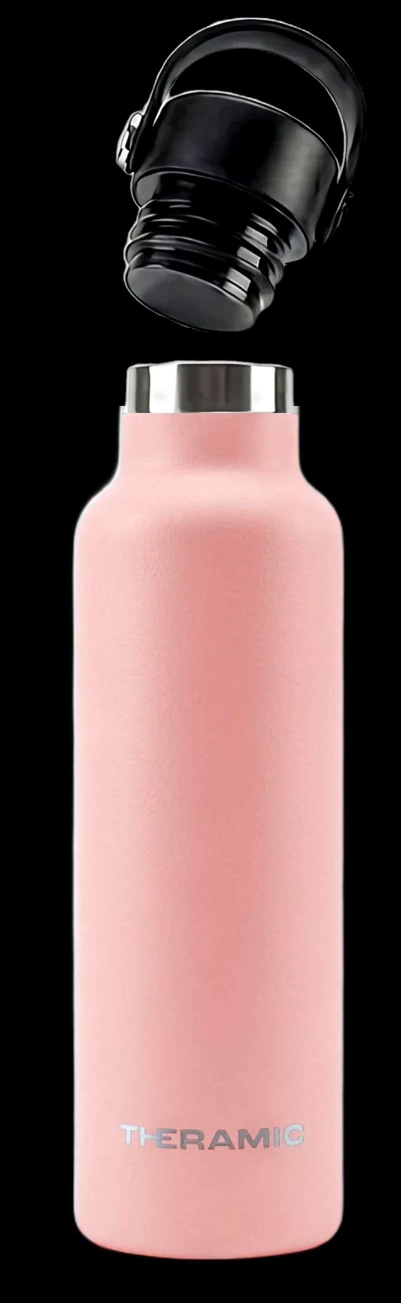 Botella Theramic en acabado Rosa con el tapón hermético levantado, a la vista el collarín de acero