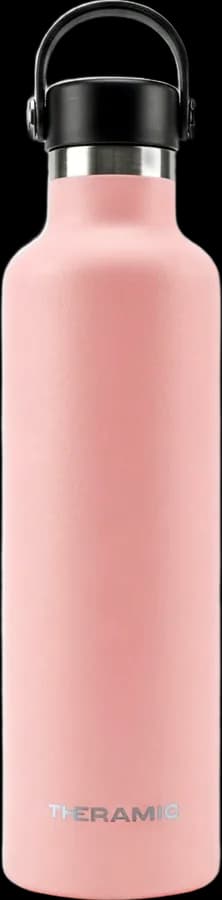 Botella Theramic de 1 litro en rosa, con el tapón negro de asa