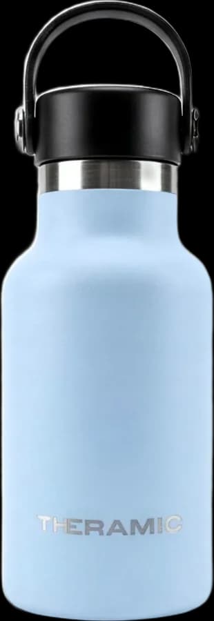 Botella Theramic de 350 ml en celeste, con el tapón negro de asa