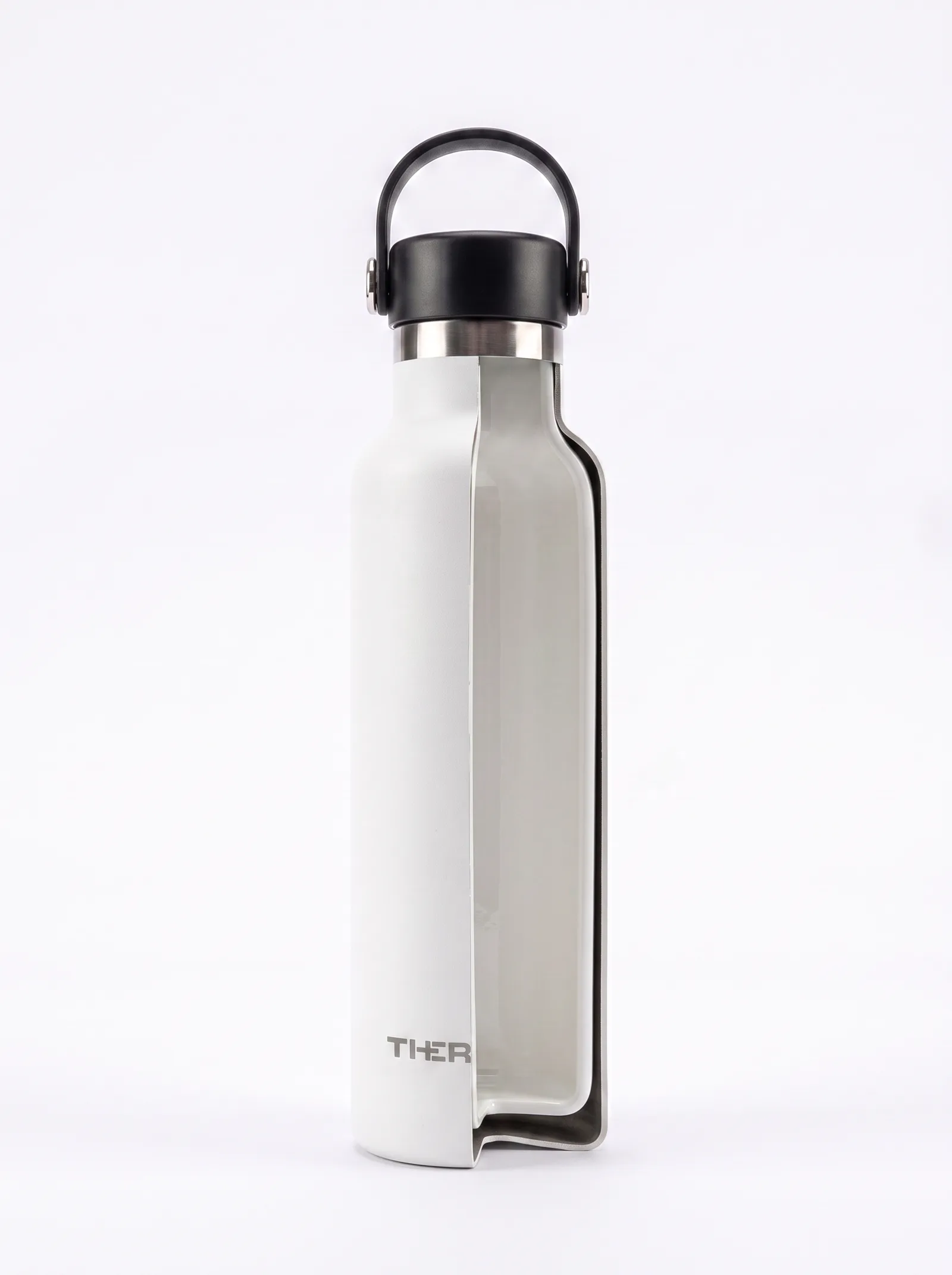 Botella térmica Theramic blanca abierta en corte: se ven la pared exterior, la interior y el hueco entre las dos